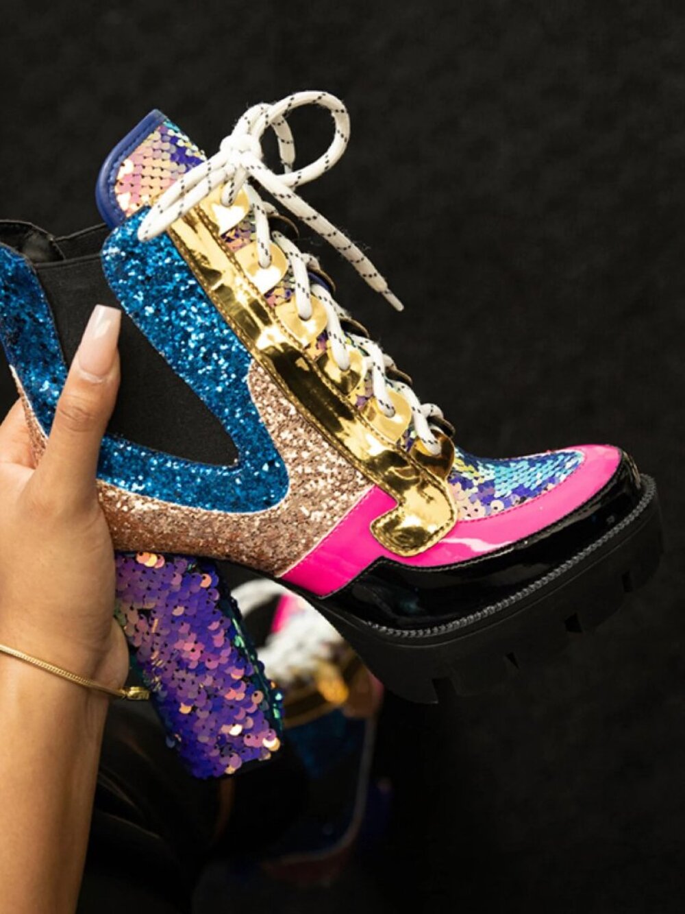 NEW🔥Mermaid Sequin Glitter Lace Up Combat Ankle Booties Boot Platform High Heel - Picture 3 of 6